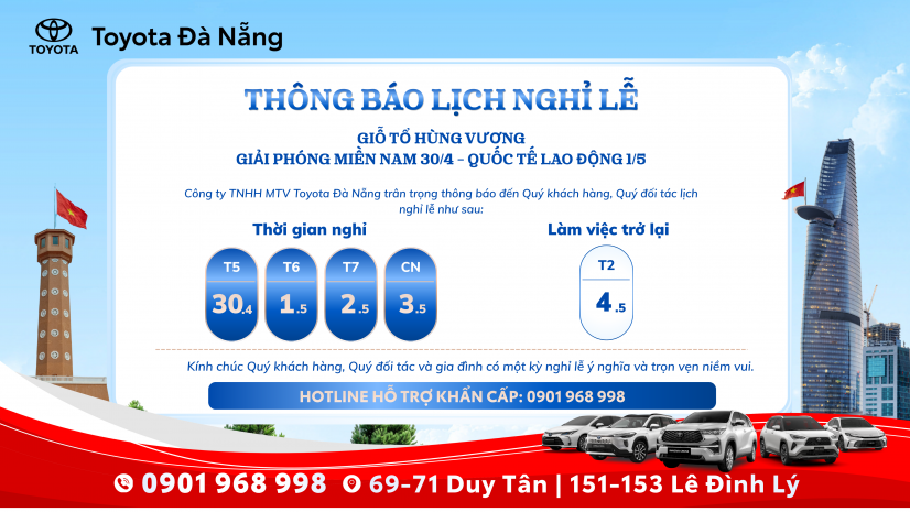 THÔNG BÁO LỊCH NGHỈ LỄ: GIỖ TỔ HÙNG VƯƠNG - GIẢI PHÓNG MIỀN NAM 30/4 - QUỐC TẾ LAO ĐỘNG 1/5 