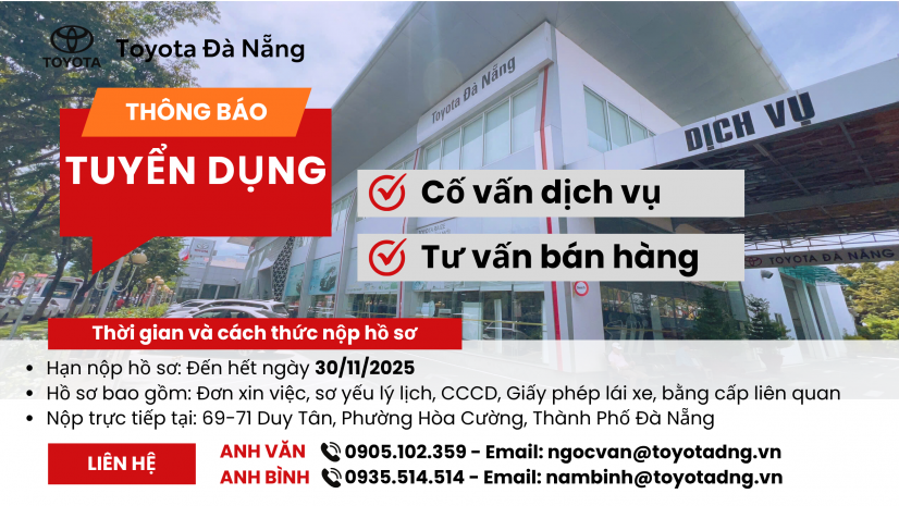 CÔNG TY TNHH MTV TOYOTA ĐÀ NẴNG THÔNG BÁO TUYỂN DỤNG
